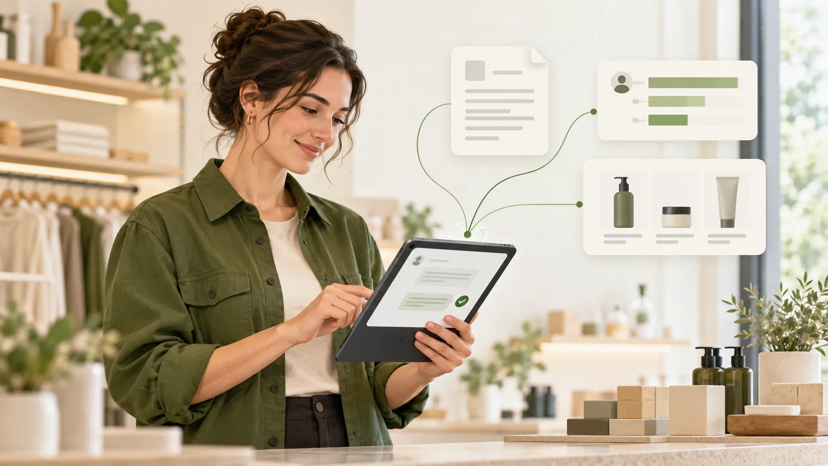 Una vendedora en el piso de venta de un local de retail consulta una tablet con un asistente conversacional que conecta documentación interna, historial de ventas y catálogo de productos