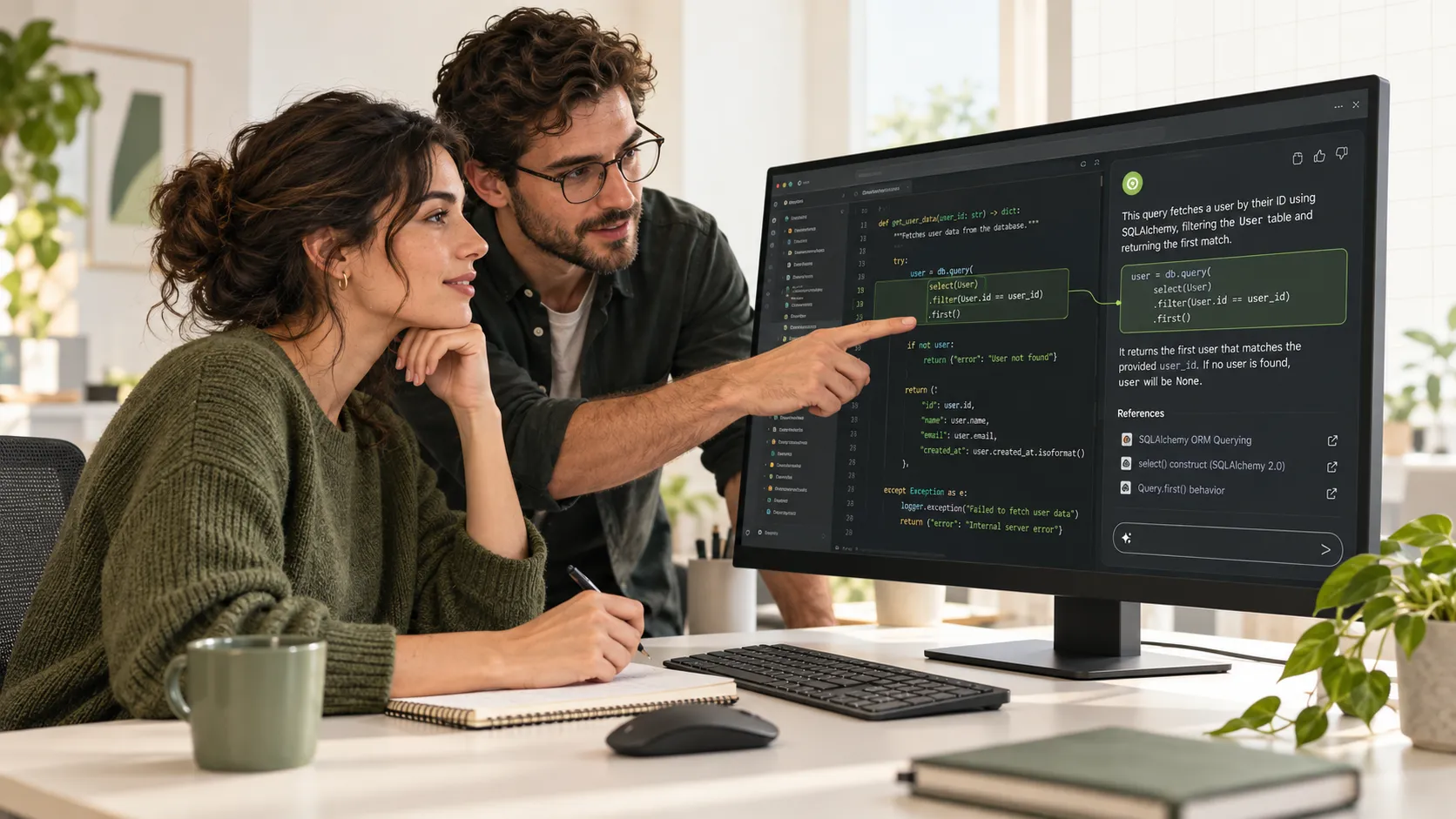 Un hombre y una mujer en una oficina mirando un monitor, el hombre señala el monitor que muestra una interfaz de código